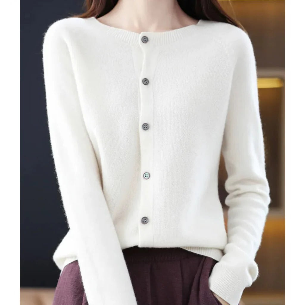 Women's cozy knit cardigan in soft neutral tones, V-neck pullover with front button detail
