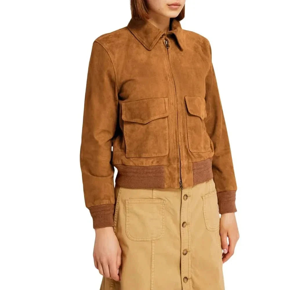 Women's camel brown suede bomber jacket with soft viscose lining, versatile premium outerwear