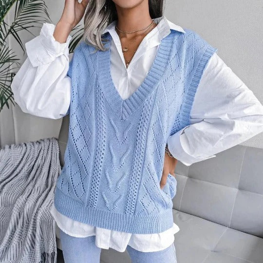 Women's sleeveless V-neck knit cardigan vest in neutral tone with textured finish and front buttons
