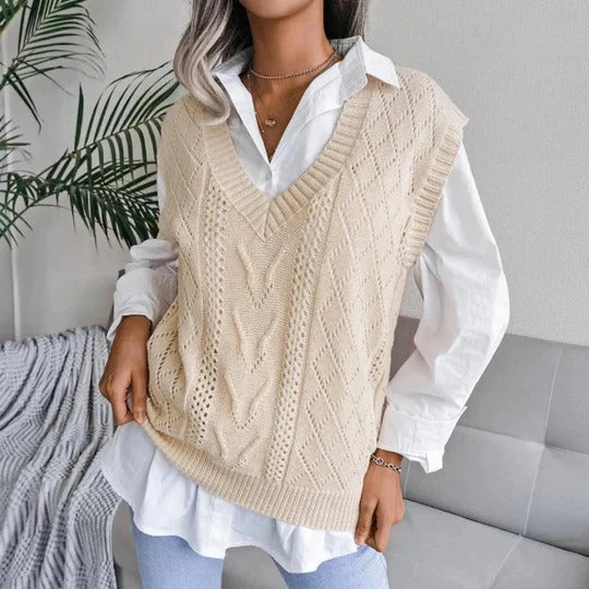 Women's sleeveless V-neck knit cardigan vest in neutral tone with textured finish and front buttons