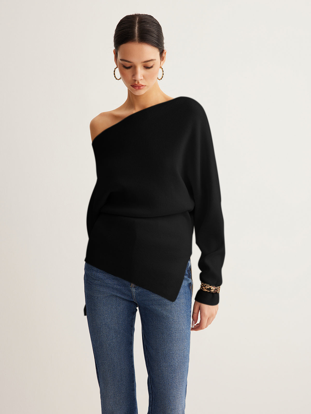 Wool-blend asymmetrical neck knit top with cold shoulder cutout, pleated detail, elegant regular fit