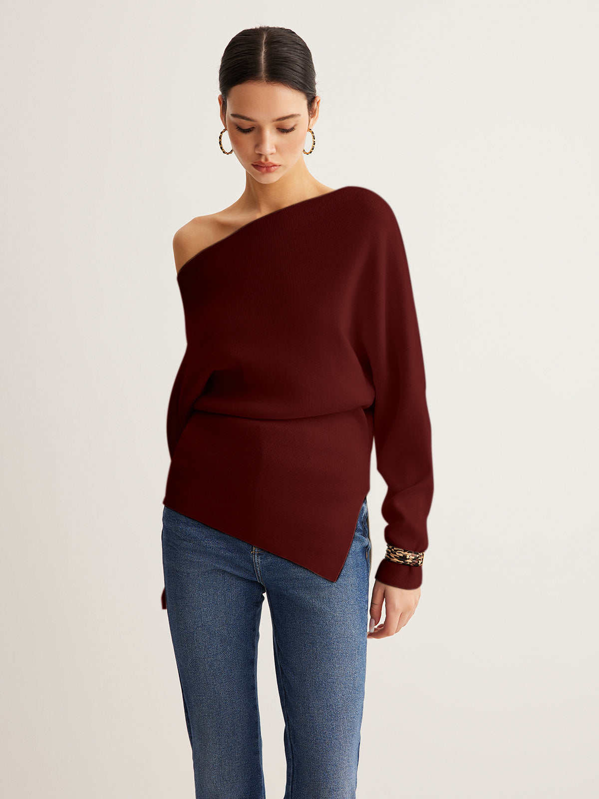 Wool-blend asymmetrical neck knit top with cold shoulder cutout, pleated elegant regular fit