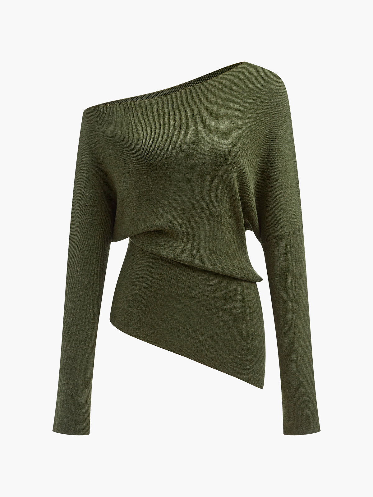 Wool-blend asymmetrical neck knit top with cold shoulder cutout, pleated detail, elegant regular fit