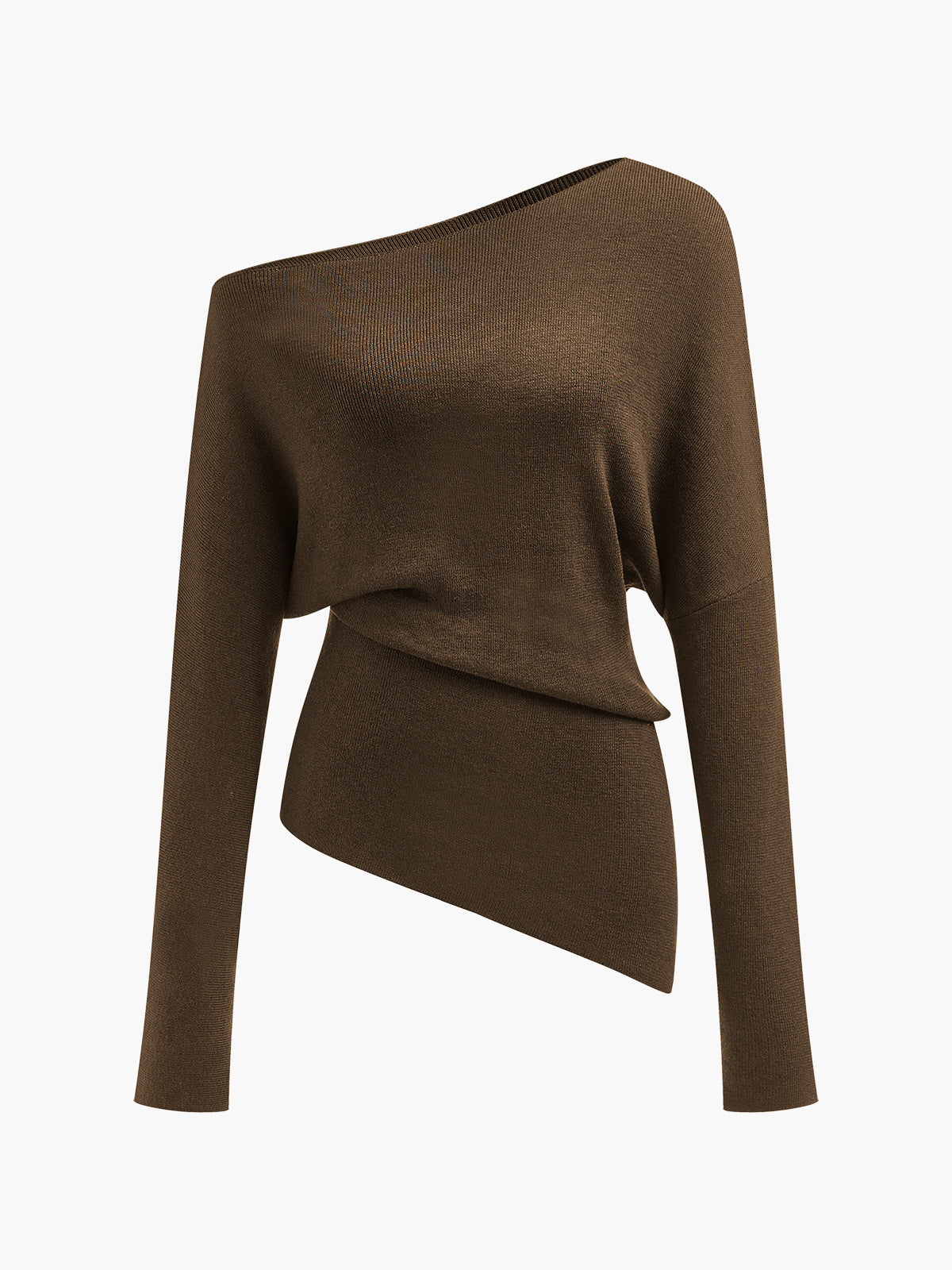 Wool-blend asymmetrical neck knit top with cold shoulder cutout, pleated elegant regular fit