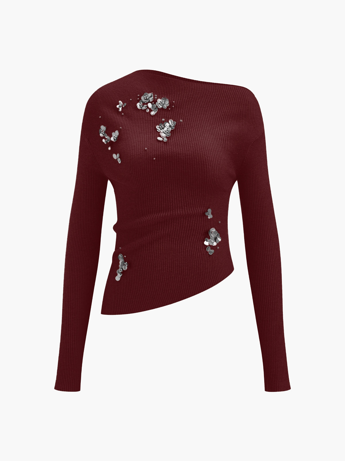 Wool-blend asymmetrical knit top with sequin beaded detail, casual-elegant regular fit
