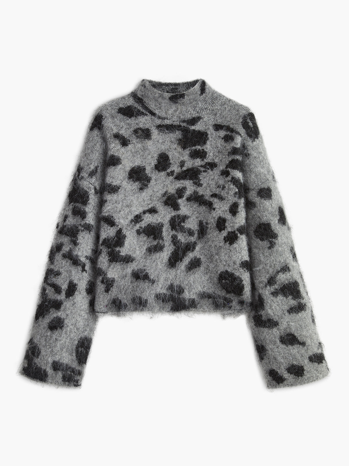 Leopard print wool-blend fuzzy sweater in warm neutral tones, casual-elegant shift fit with mohair texture