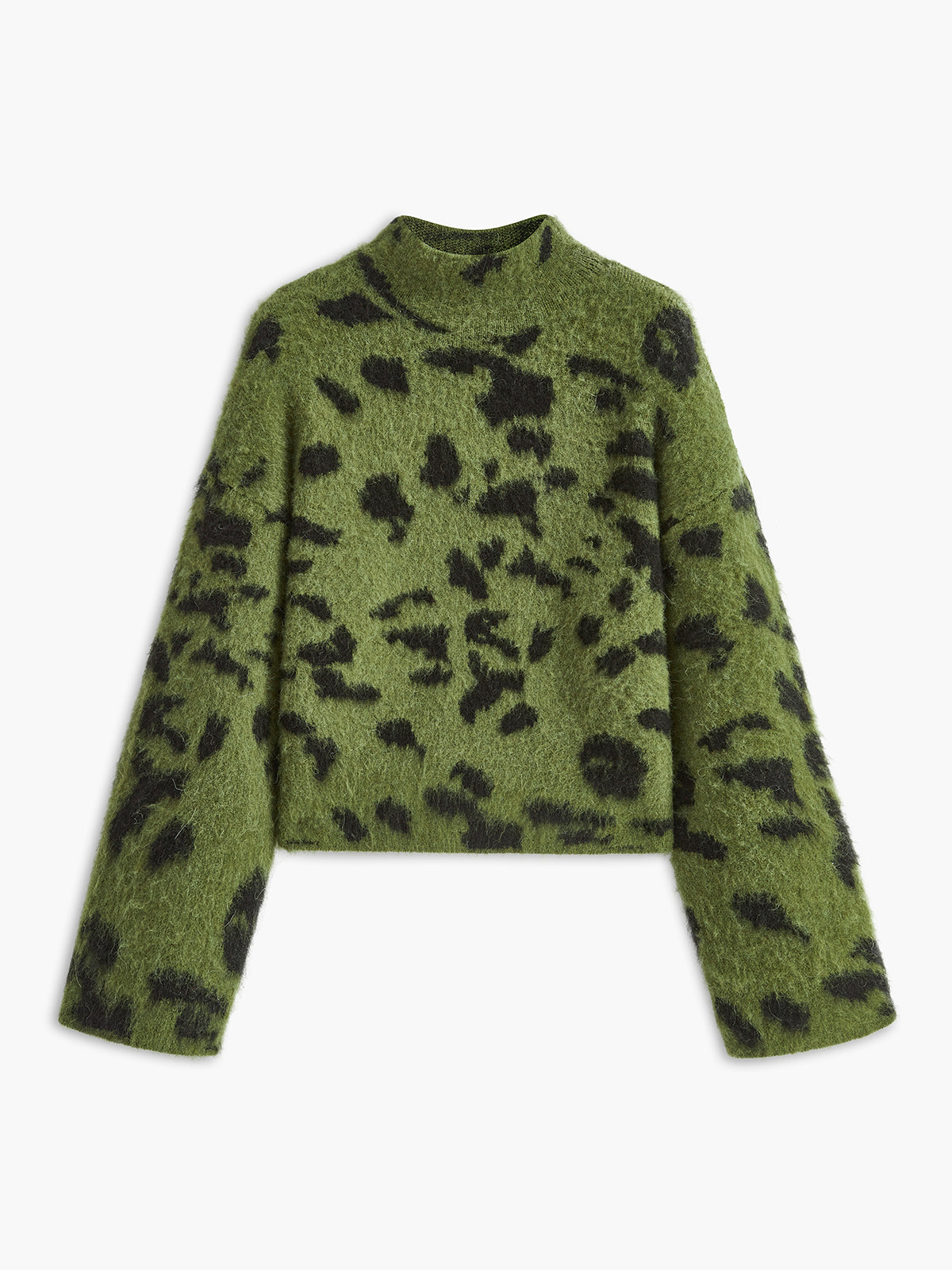 Leopard print fuzzy wool-blend sweater in warm neutral tones, casual elegant shift fit with mohair texture