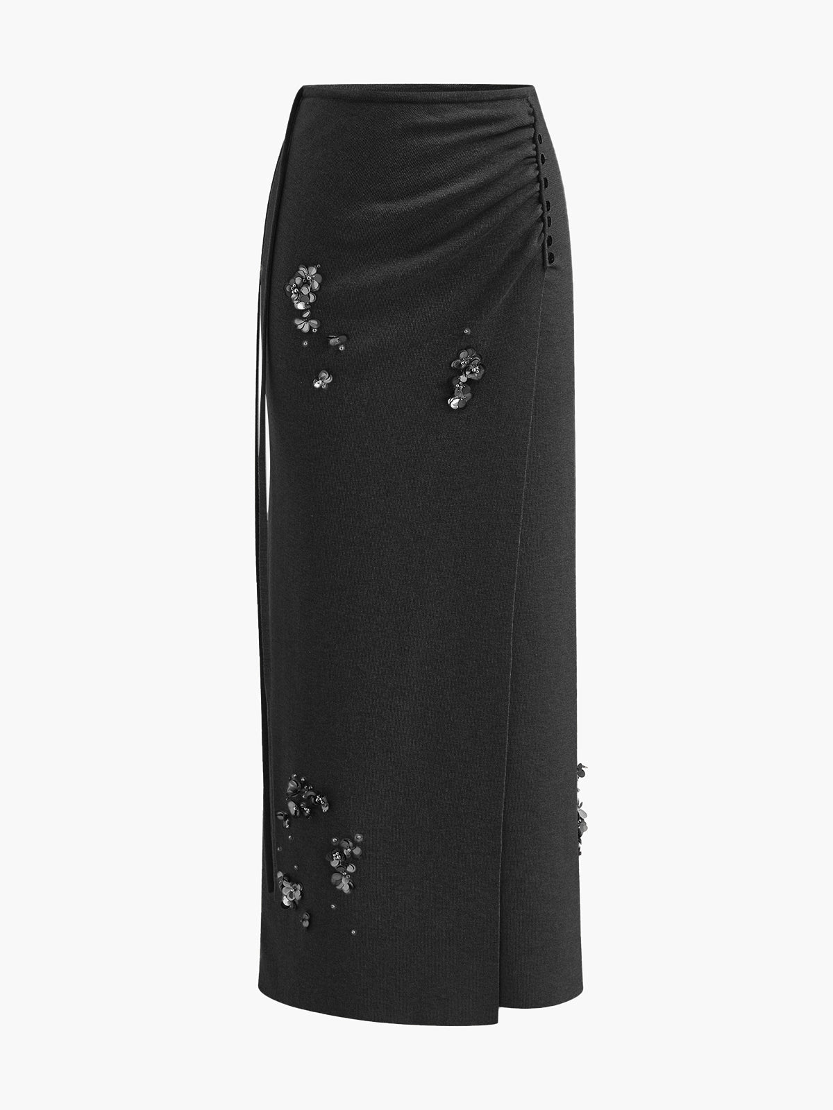 Wool-blend pleated sequin midi skirt with button detail, mid-waist elegant casual fit