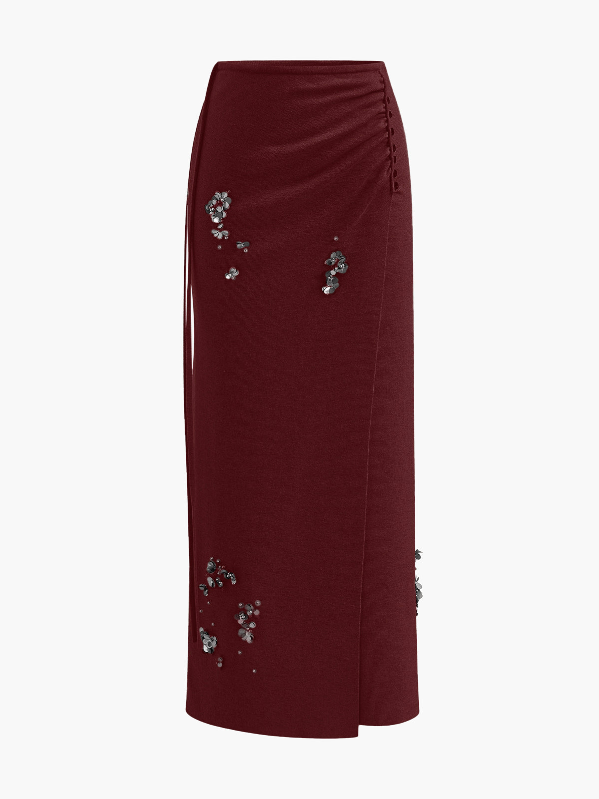 Wool-blend pleated sequin midi skirt with beaded details and mid-waist button closure