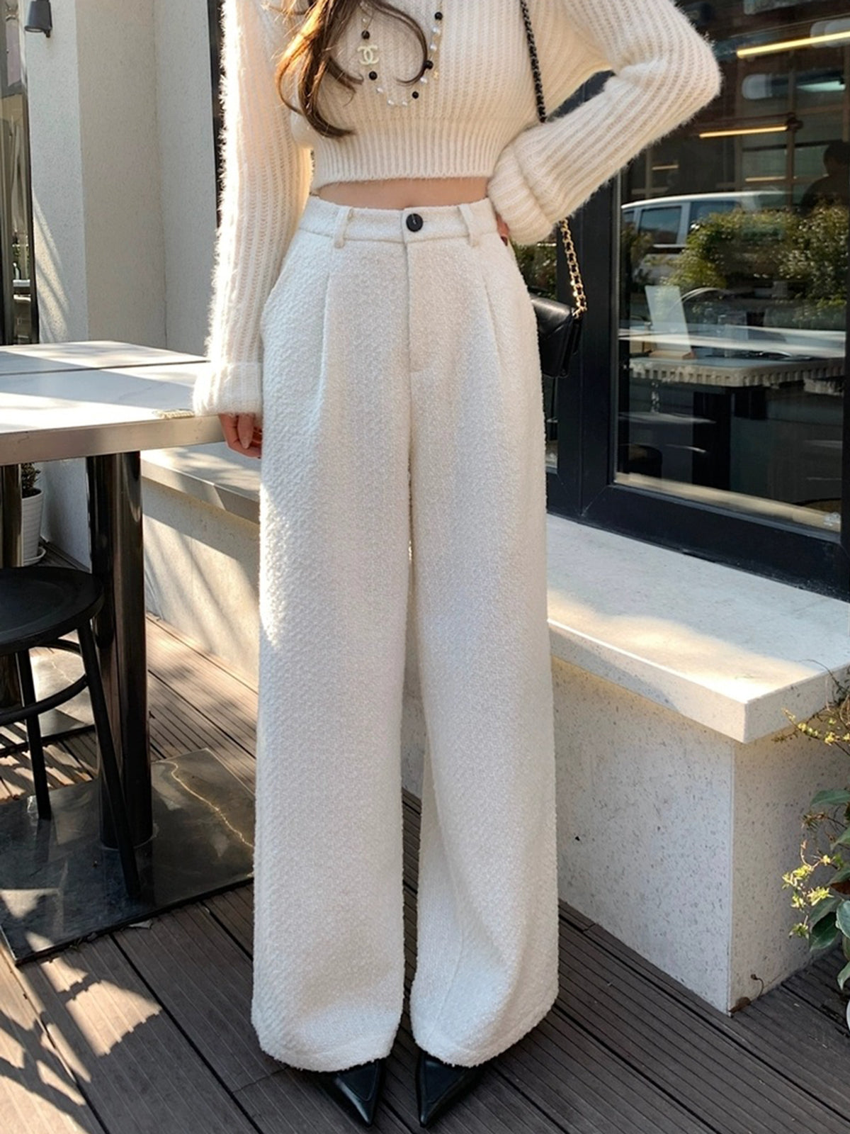 Wool-blend tweed high-waist long pants casual elegant warm non-stretch shift fit