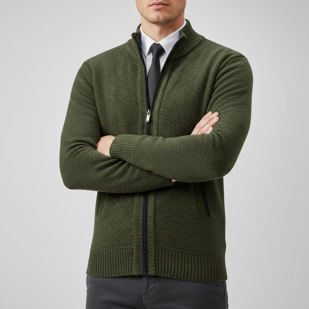 Men's zip-up sweater stand collar full-length zipper slim-fit versatile layer office weekend style