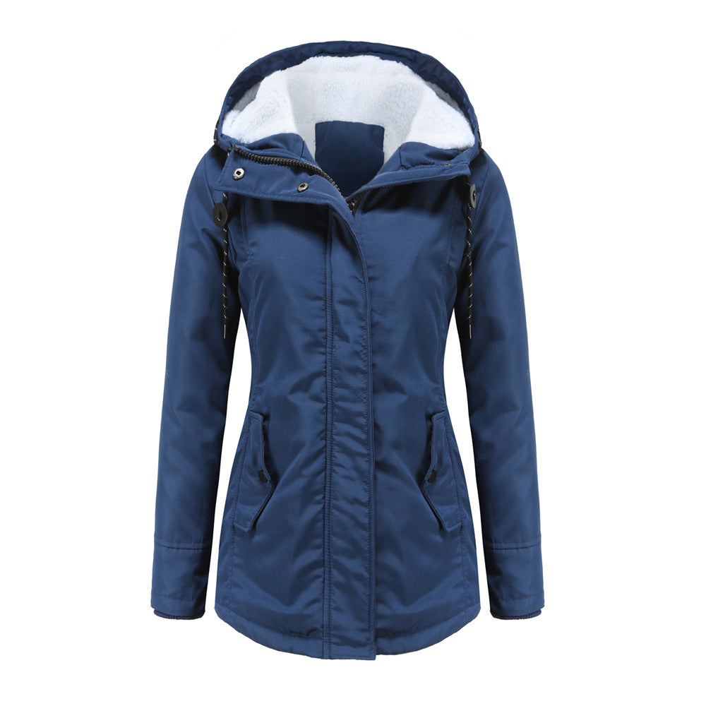 Women's waterproof fleece-lined hooded rain jacket tailored mid-length coat for all-season wear