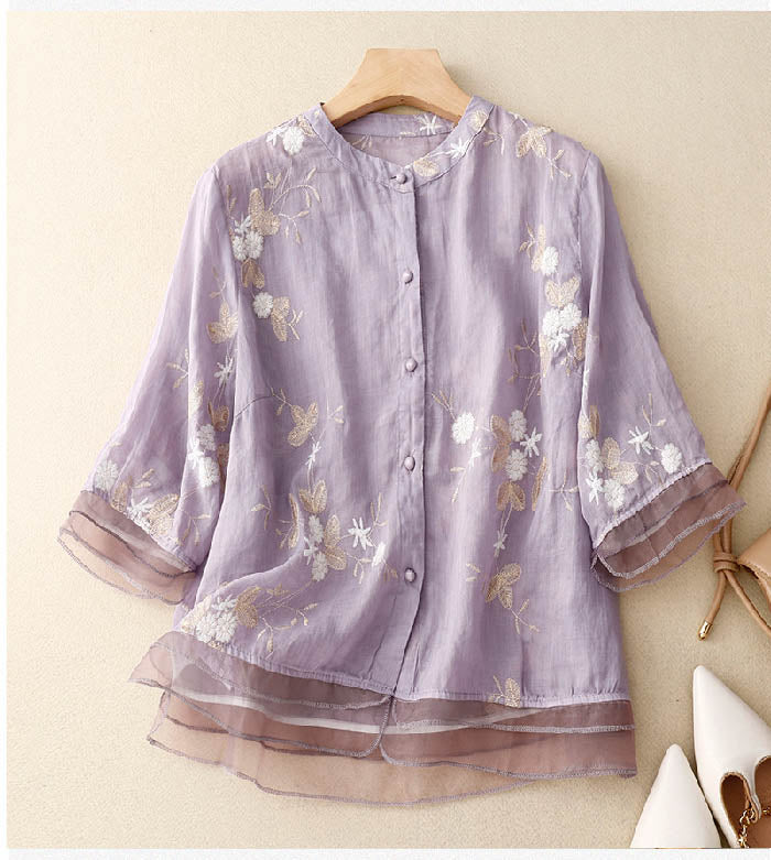 Ivory chic blouse floral embroidery lightweight breathable fabric elegant women's fashion top