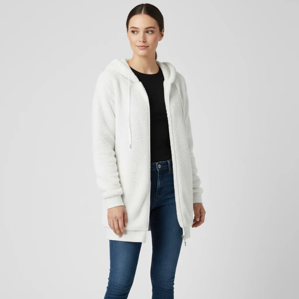 Women's hooded zip-up sherpa-lined sweater in neutral tones, relaxed mid-length silhouette for cozy layering