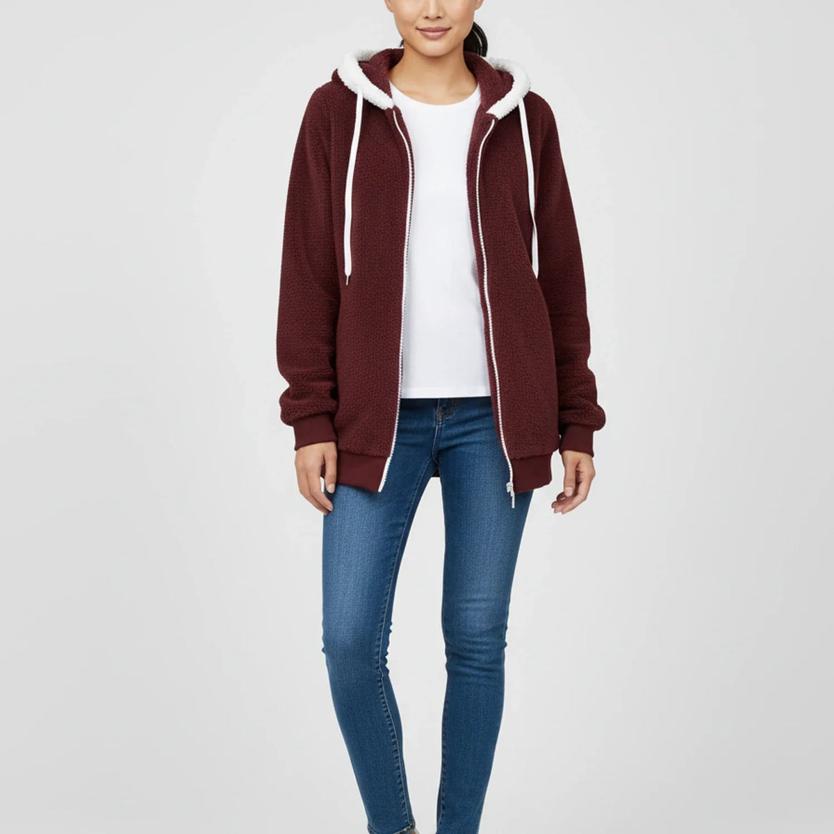 Women's hooded zip-up sherpa-lined sweater in relaxed mid-length silhouette for cozy layering