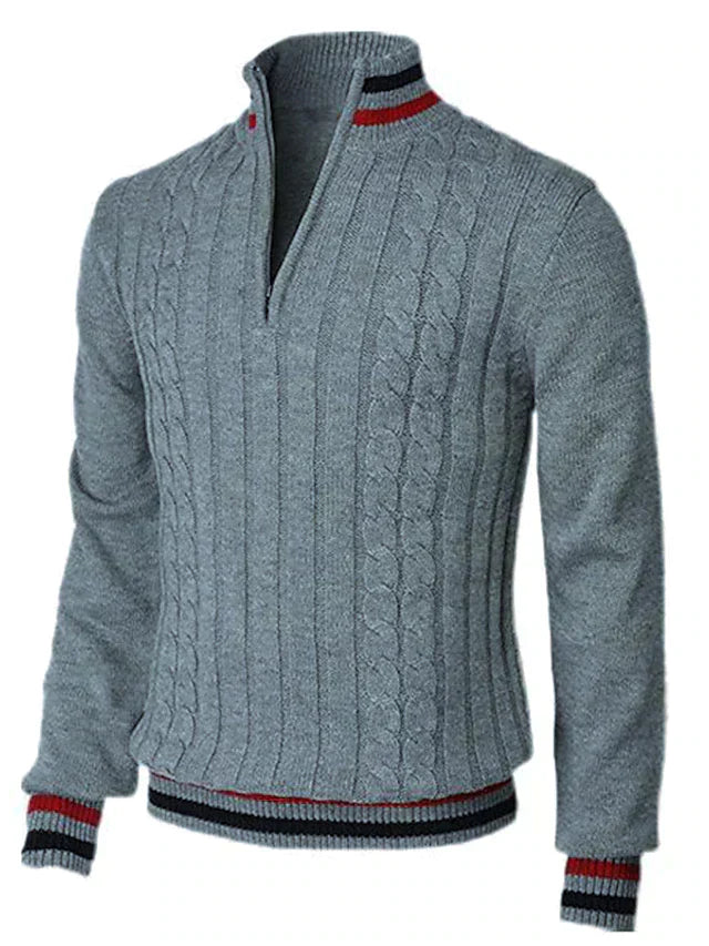 Men's cable knit half-zip sweater ribbed edges relaxed casual fall layering essential