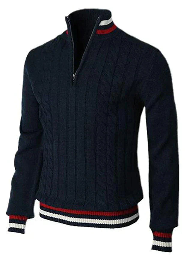Men's cable knit half-zip sweater with ribbed edges, relaxed casual fit for fall layering