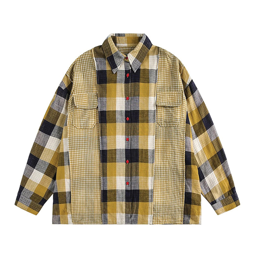 Red contrasting plaid cotton shirt relaxed fit with turn-down collar and red button closure