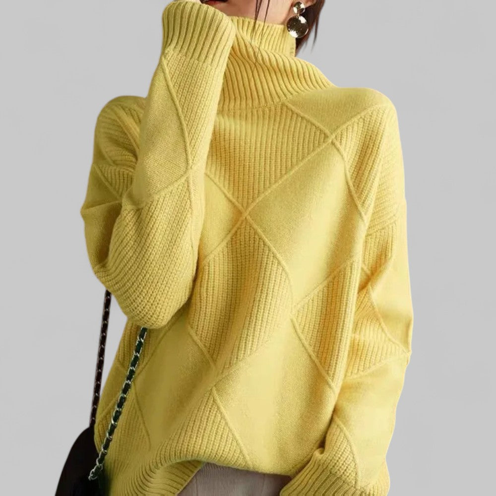 Women's oversized turtleneck sweater relaxed fit with bold patterned texture for winter layering