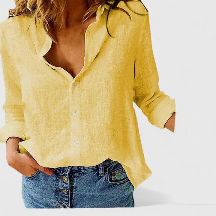 Women's relaxed linen button-down shirt with soft wavy lapel collar, effortlessly polished everyday style