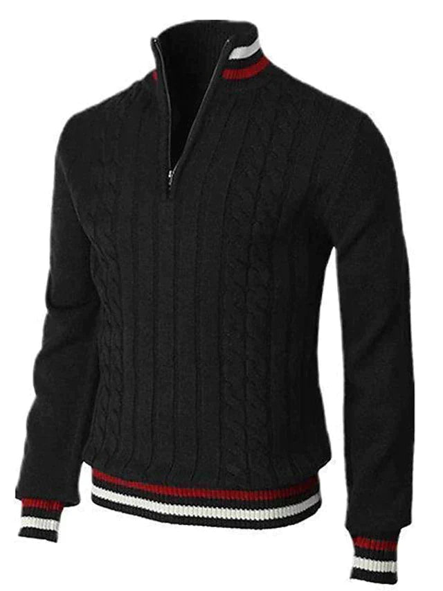 Men's cable knit half-zip sweater with ribbed edges, relaxed casual fit for fall layering