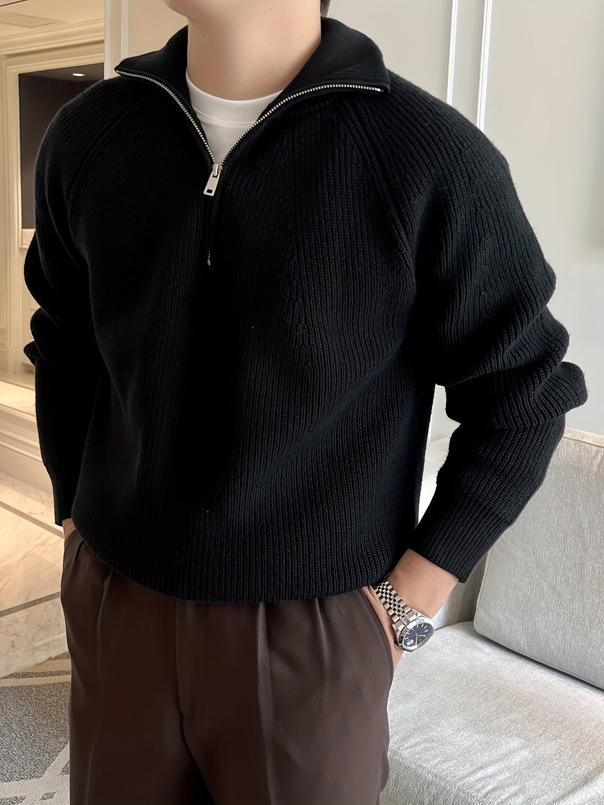Men's half-zip ribbed knit sweater high collar long sleeve casual formal cotton-blend