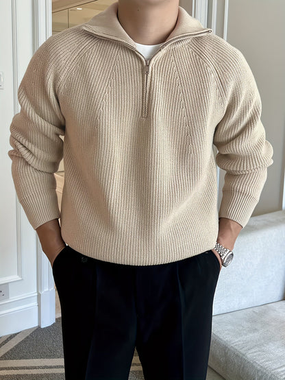 Men's ribbed knit half-zip sweater high collar long sleeve casual formal cotton-blend